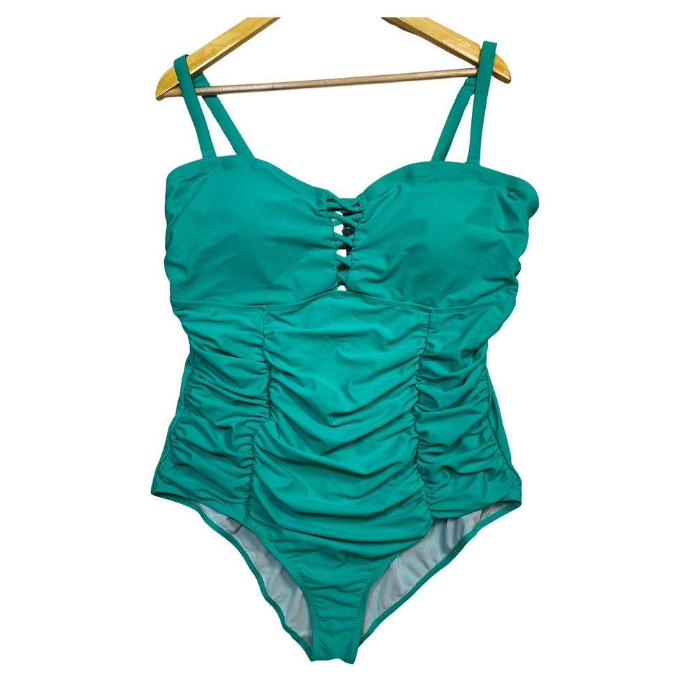 Torrid Womens Teal Green Ruched Lace Up One Piece Swimsuit Size 3 Plus Size